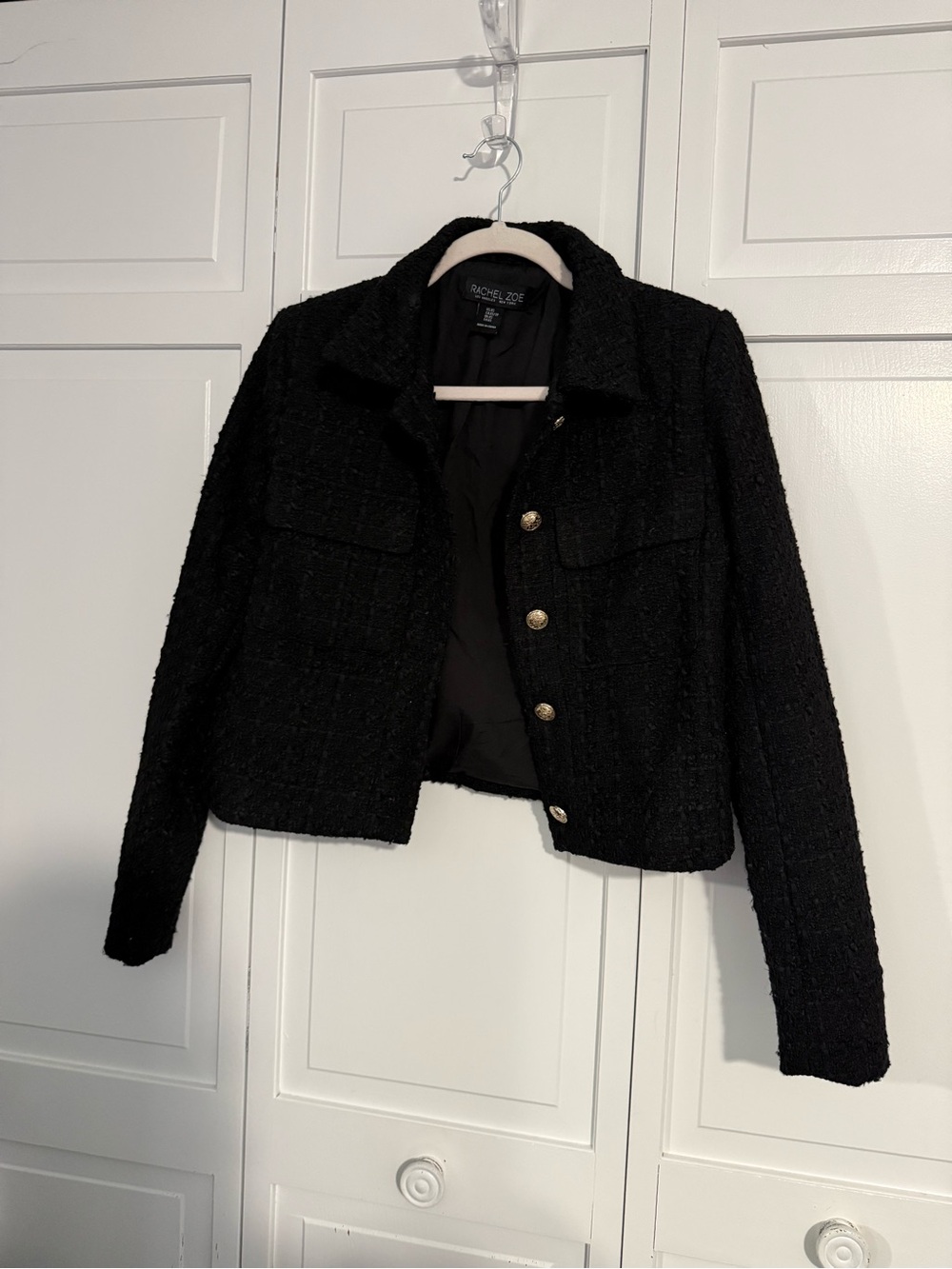 Rachel Zoe Black Tweed Boxy Blazer with Gold Buttons